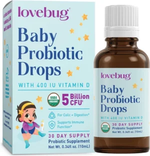 LOVEBUG Baby Probiotic Drops - Organic Probiotics for Immune Support and Baby Constipation & Colic Relief - Tasteless & Sugar-Free Liquid Drops for Newborns, Babies & Infants (0-12 Months) - 10 mL