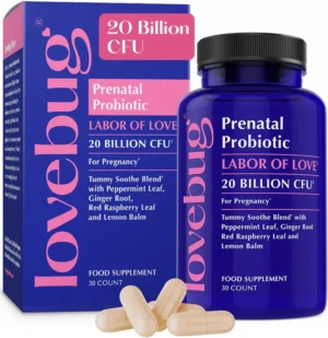 LOVEBUG Prenatal Probiotic Supplement - 7 Probiotics & Prenatal Vitamins for Women, 20 Billion CFU, with Soothing Peppermint, Ginger, Raspberry Leaf and Lemon Balm, 30 Capsules