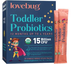 LOVEBUG Kids Probiotic Powder with Prebiotic Fiber - Toddler Immunity Support & Constipation Relief - USDA Organic Probiotics for Childrens Gut & Digestive Health (Ages 1-4), 30 Packets