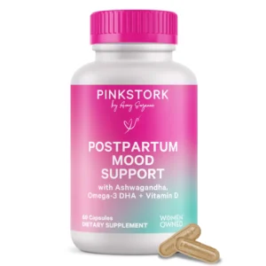 Pink Stork Postpartum Mood Support - Postnatal Hormone Balance for Women - Breastfeeding Friendly - Stress & Cognitive Support, New Mom Essentials - Ashwagandha, Chamomile, & Vitamin D, 60 Capsules, 1 Month Supply