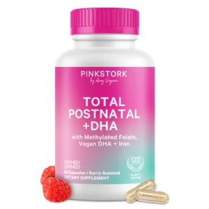 Pink Stork Total Postnatal Vitamins for Women with Vegan DHA, Iron, Folate, and Vitamin B12, Postpartum Recovery Essentials, Daily Supplement for Breastfeeding Moms, 60 Capsules, 1 Month Supply