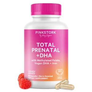Pink Stork Total Prenatal Vitamins with DHA, Folate, Iron, Choline, and Vitamin B12 - Prenatals for Women to Support Fetal Development, Pregnancy Essentials, Berry Essence, 60 Capsules, 1 Month Supply