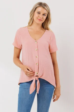 Hello Miz Tie-Front Swiss Dot Button Down Maternity & Nursing Shirt