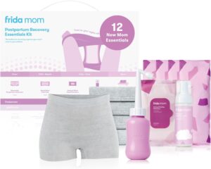 Frida Mom 11pc Postpartum Essentials Kit Gift Set, Hospital Bag Must Haves for New Mom, Includes 4 Disposable Postpartum Underwear, 4 Ice Maxi Pads, Perineal Healing Foam & 24 Pad Liners & Peri Bottle