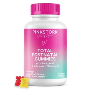 Pink Stork Total Postnatal Vitamin Gummies - Multivitamin for Postpartum Recovery and Lactation Support - Folic Acid, B6, & Vitamin C - Postpartum Essentials - 60 Gummy Vitamins, 1 Month Supply